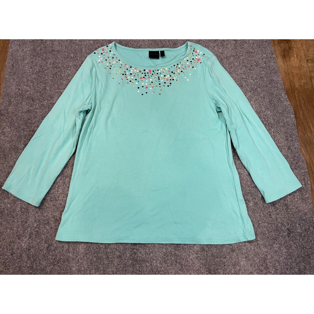 Rafaella Top Womens Large L Light Blue Long Sleeve Embellished Colorful Shirt